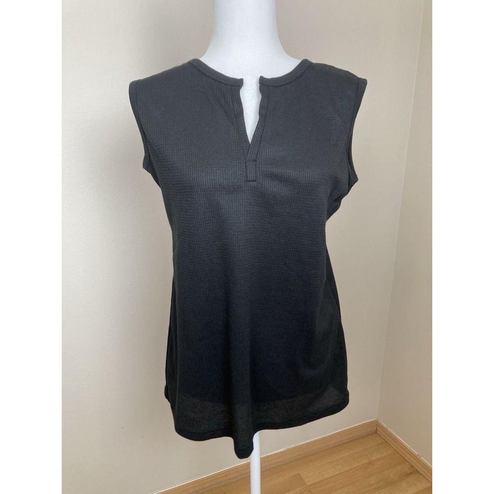 Cheibear Womens Black Waffle Knit Sleeveless Notched Neck Tank Top Small NWT
